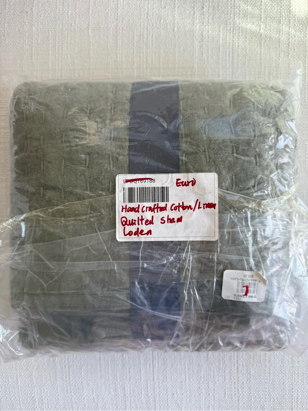 Pottery Barn Cotton Linen Handcrafted Quilted Euro Sham Loden Green